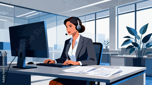 This illustration shows a  customer service staff working at an office desk and a computer, representing customer service or corporate communication in a modern workspace.