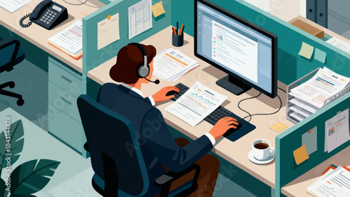 This illustration shows a  customer service staff working at an office desk and a computer, representing customer service or corporate communication in a modern workspace.