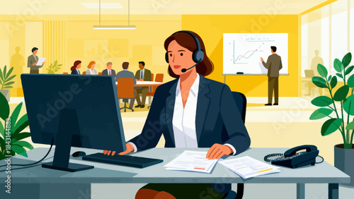 This illustration shows a  customer service staff working at an office desk and a computer, representing customer service or corporate communication in a modern workspace.
