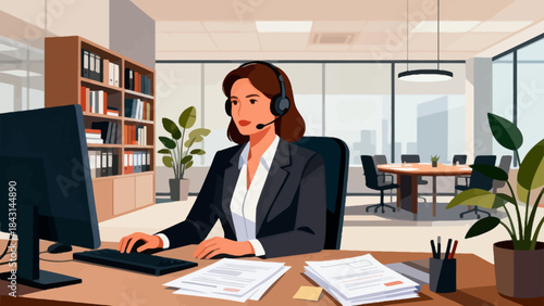 This illustration shows a  customer service staff working at an office desk and a computer, representing customer service or corporate communication in a modern workspace.