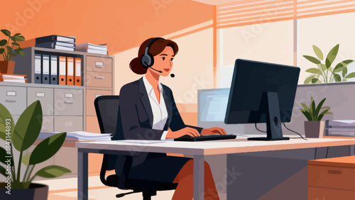 This illustration shows a  customer service staff working at an office desk and a computer, representing customer service or corporate communication in a modern workspace.