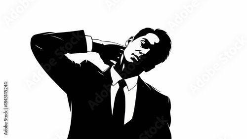 Silhouette of a man in a suit stretching his neck.