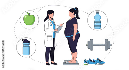 Female doctor advising an overweight patient on a healthy lifestyle with icons of diet, exercise, and hydration around them.