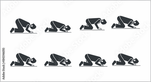 Eight simple graphic illustrations showing a stylized person in a posture of prostration, representing prayer, devotion, and spiritual reverence in a calm and contemplative manner