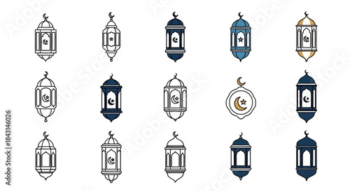 Collection of Ramadan lanterns with crescent moon and star motifs, perfect for Islamic cultural celebrations and holiday decorations