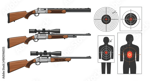 A collection of hunting rifles, including models with and without scopes, alongside various paper and silhouette shooting targets.