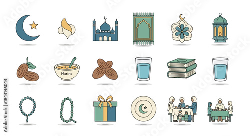 Set of Islamic symbols and objects representing Ramadan and Eid celebrations, perfect for cultural and religious designs