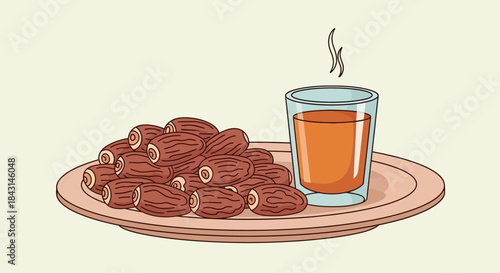 Traditional healthy snack featuring a plate of sweet dates next to a steaming glass of hot tea, perfect for a natural energy boost or a comforting beverage break