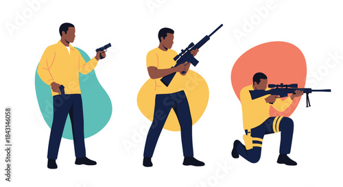 Set of three poses of a Black man in casual clothing holding and aiming different firearms, including a pistol and a sniper rifle.