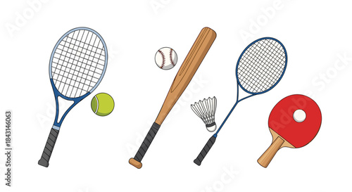 A collection of various sports equipment including a tennis racket and ball, a baseball bat and ball, and badminton and ping pong gear.
