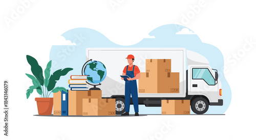 A delivery man in uniform stands with a clipboard, checking off items next to a moving truck loaded with boxes and household goods.
