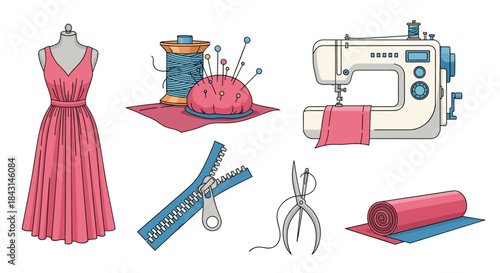 A collection of sewing and tailoring supplies, including a mannequin with a dress, sewing machine, thread, pins, zipper, and fabric.