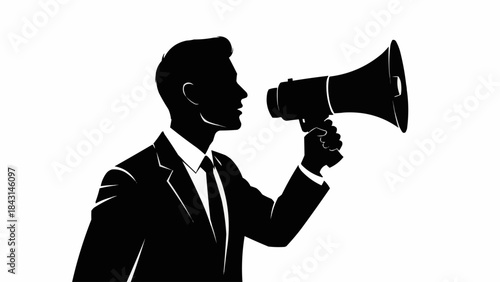 Silhouette of a businessman speaking into a megaphone.