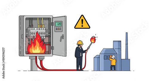 An electrical panel on fire illustrates a short circuit hazard, with a warning sign and a factory in the background.