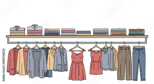 A neatly organized closet with colorful folded clothes on a shelf and a variety of shirts, dresses, and pants on hangers.
