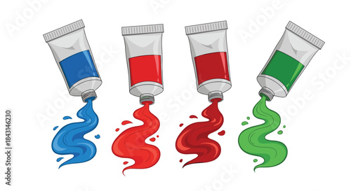 Four tubes of paint in primary and secondary colors being squeezed, with vibrant swirls of blue, red, and green paint coming out.