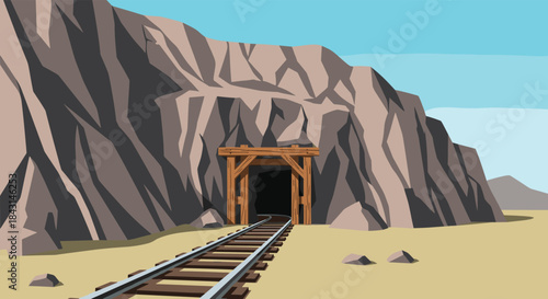 A wooden-framed entrance to an old, abandoned mine shaft in a rocky mountain, with railway tracks leading into the darkness.
