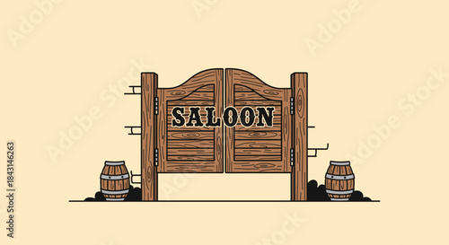 A cartoon illustration of classic wooden swinging doors of a western saloon, with the word 'Saloon' carved on them.