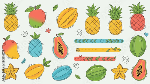Vibrant Collection of Tropical Fruits and Decorative Elements.