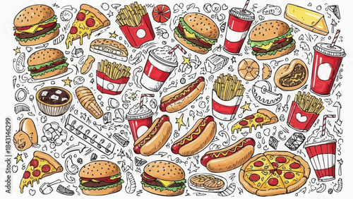 Collection of delicious fast food items and drinks.