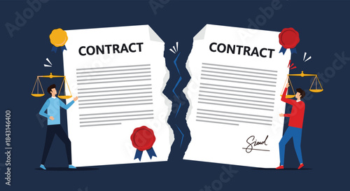 Two businessmen pulling apart a large contract document, symbolizing a breach of contract, disagreement, or divorce.