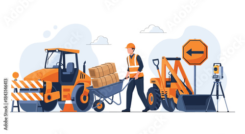 A construction worker in safety gear pushing a wheelbarrow on a road work site with a steamroller and a backhoe.