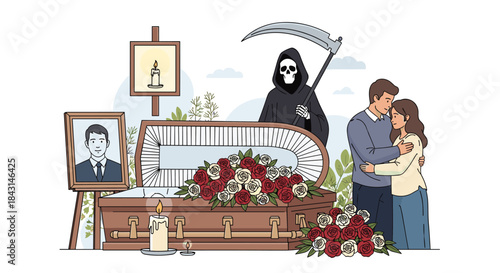 A sad couple mourning at a funeral with an open casket, a portrait of the deceased, and the Grim Reaper in the background.
