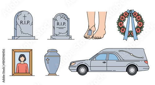 A set of icons and symbols related to funerals and death, including tombstones, a hearse, an urn, and a memorial portrait.