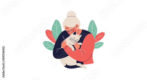 A loving elderly woman with glasses and her hair in a bun gently hugging her happy, purring white cat.