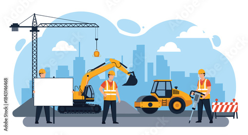 A team of construction workers on a city building site with heavy machinery like an excavator, roller, and jackhammer.