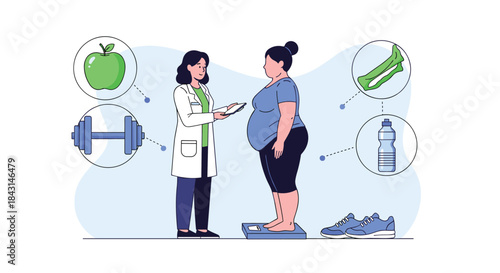 A nutritionist provides diet and exercise advice to an overweight woman standing on a scale, with healthy lifestyle icons nearby.