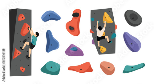 A set of bouldering and rock climbing elements, including various colorful holds, a climbing wall, and a person climbing.