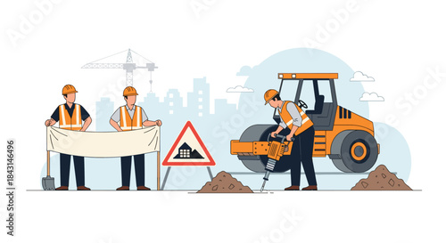 A team of road construction workers with a jackhammer and a steamroller, with two holding a blank banner for text.