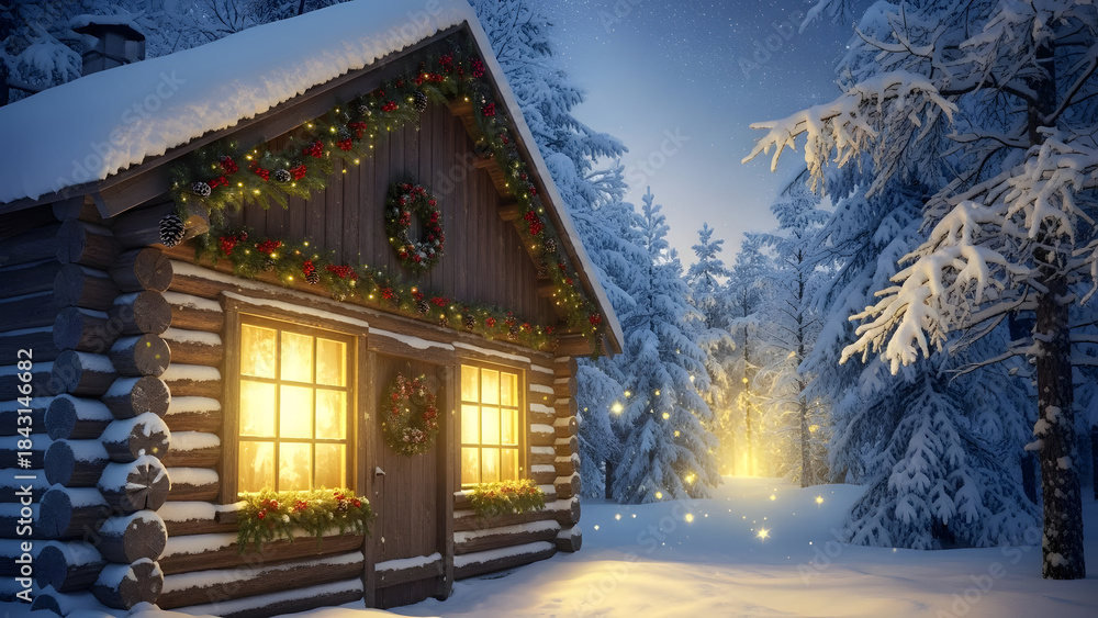 Fototapeta premium Cozy snow covered cabin decorated for winter holidays with sparkling lights