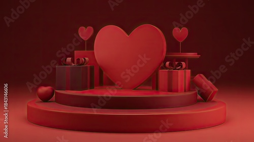 Three dimensional rendering showcases a central large heart shape surrounded by decorative gift boxes and smaller hearts on tiered platforms