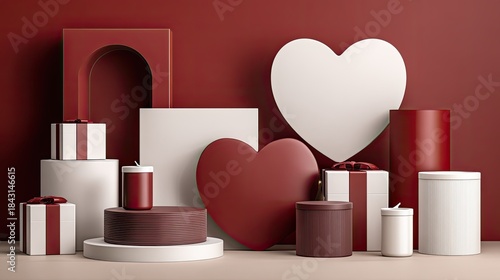 Assortment of geometric shapes and gift boxes arranged for a romantic display against a deep red backdrop