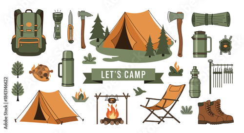 A large collection of camping and outdoor adventure gear with a 'Let's Camp' banner, including a tent, backpack, and campfire.