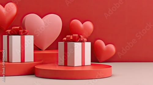 Three dimensional romantic display features wrapped presents and heart shapes against a deep red background