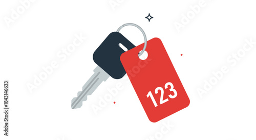 A simple metal key on a ring with a red plastic key tag numbered 123, suitable for a hotel room or rental car.