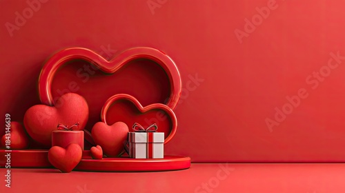 Three dimensional arrangement of vibrant red hearts and wrapped presents decorates a monochromatic background