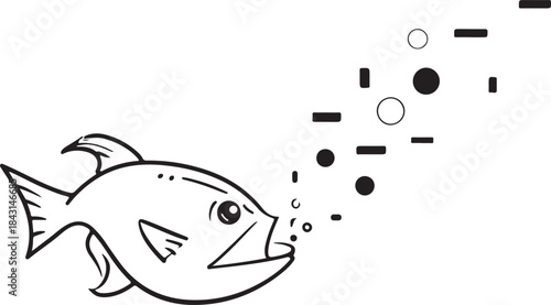 Black and white drawing of a fish blowing bubbles