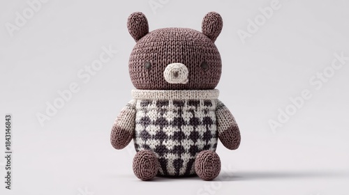 Knitted stuffed animal figure presents itself in a clean  setting