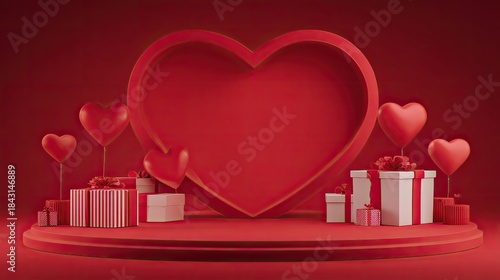 Romantic arrangement featuring a large central heart shape surrounded by gifts and balloons on a podium