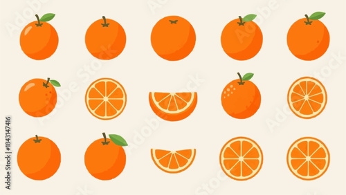 Collection of Fresh Oranges and Slices in Various Arrangements.