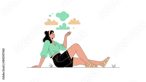 Illustration of a woman daydreaming with cloud concept creative modern design