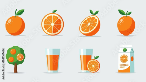 Collection of orange fruit and juice icons and illustrations.