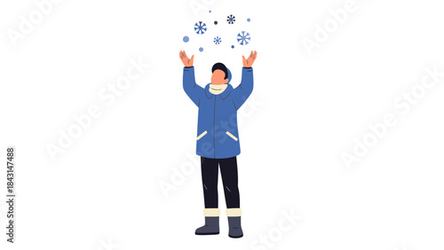 Joyful person enjoying snowfall in the winter with snowflakes vector illustration no commas