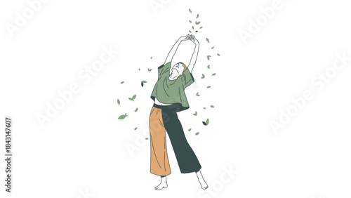 Illustration of a person stretching upwards with leaves falling around a white background