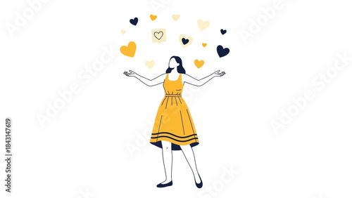 Illustration of a woman with hearts floating above, representing love and positivity