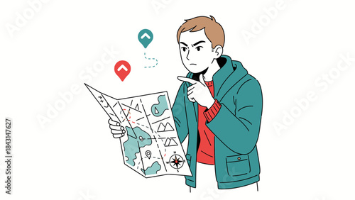 A Person with Map contemplating Route of Travel and Navigation Planning Strategy